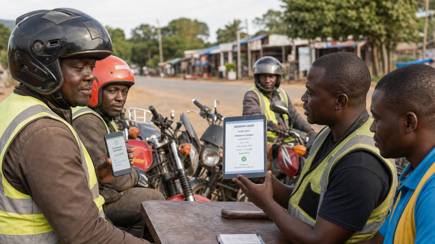 Bike riders union collecting dues and issuing a digital ticket using mobile money