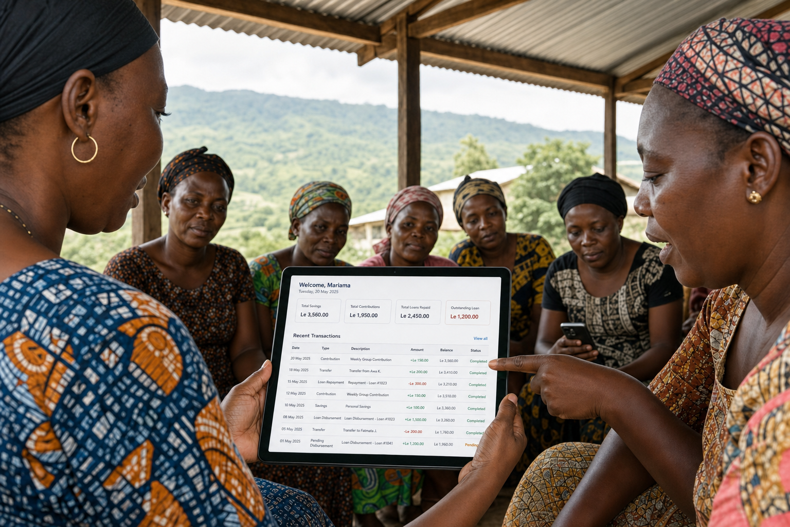 Farming cooperative reviewing group savings and repayments on a tablet