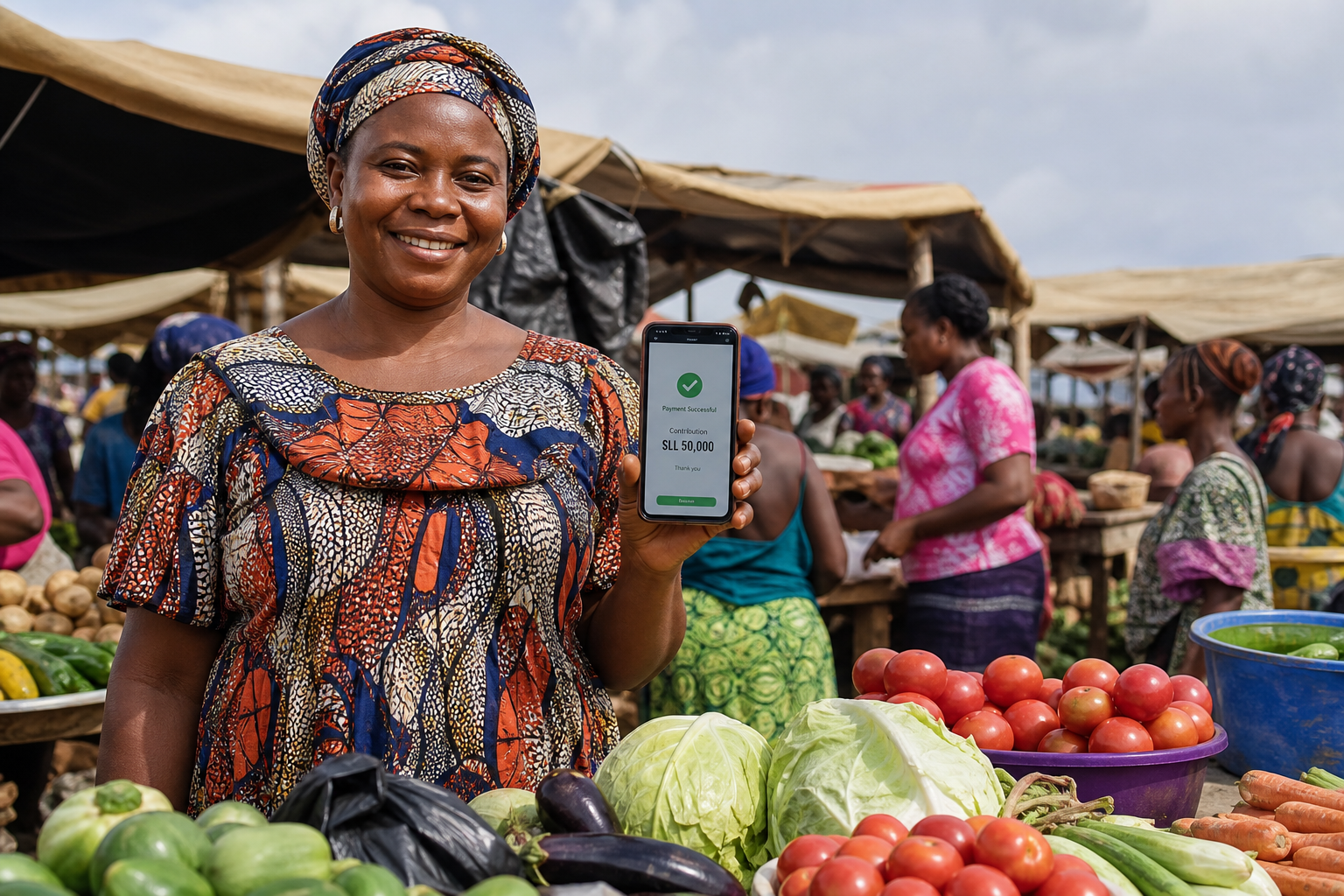 Market woman sending her group contribution using mobile money at a market stall