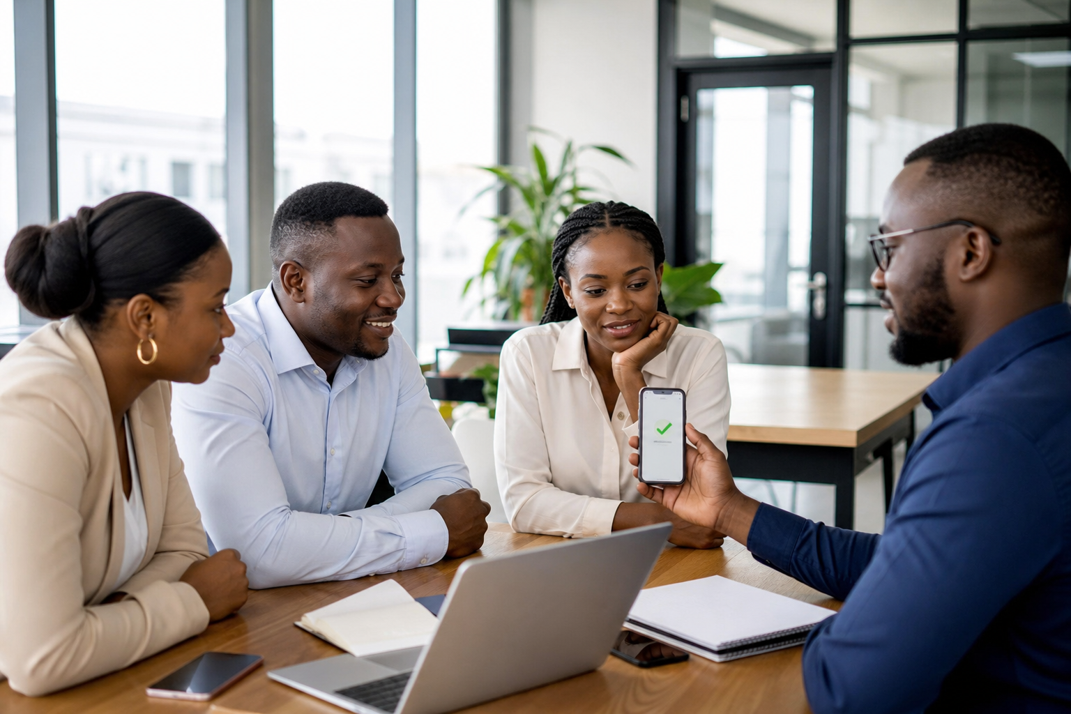 Office coworkers contributing to an asusu group and recording it on mobile money