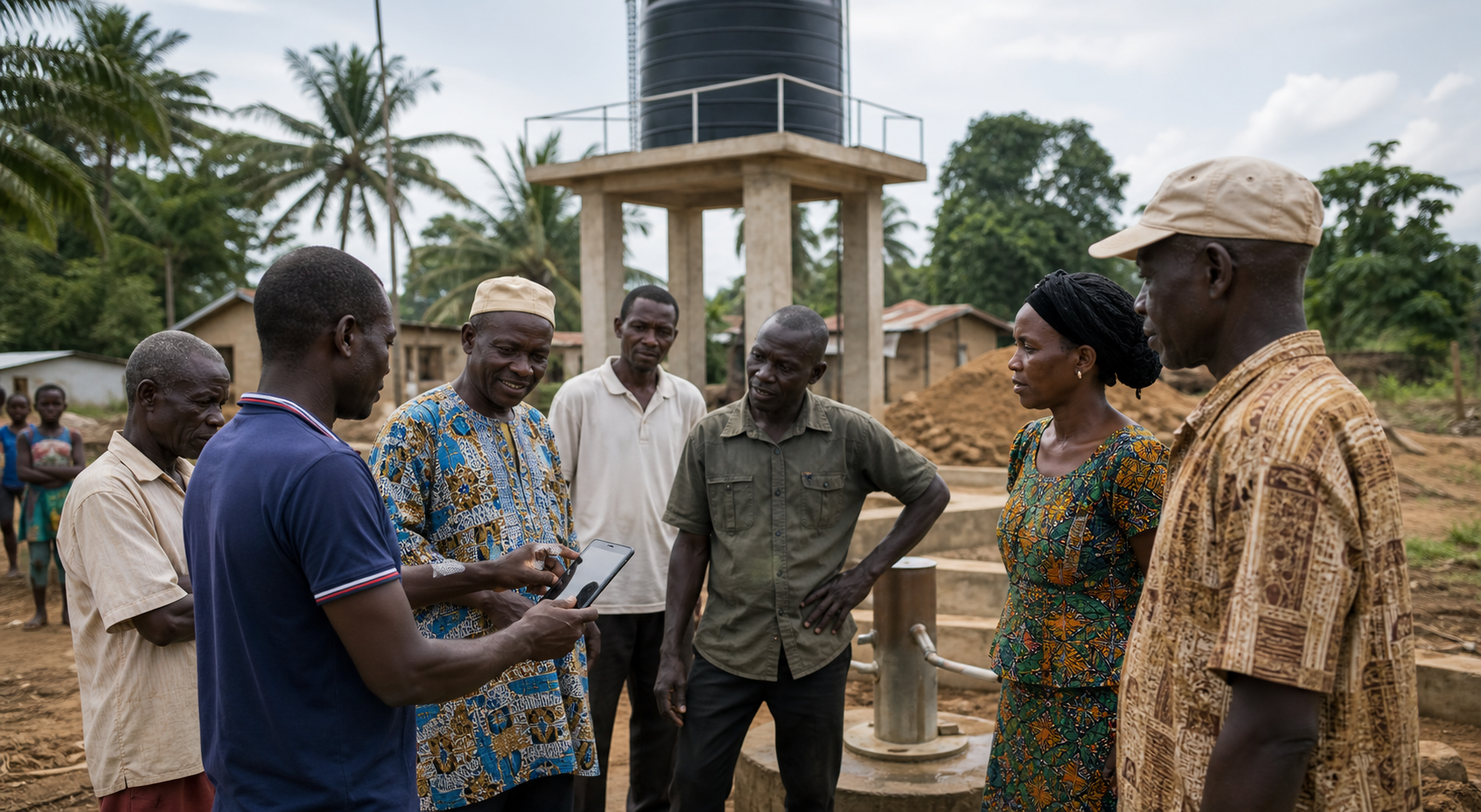 Village committee contributing to a bore hole and community project using mobile money
